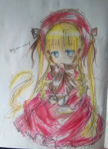 Rating: Safe Score: 0 Tags: 1girl blonde_hair blue_eyes bow bowtie dress frills image long_hair long_sleeves photo red_dress ribbon shinku sitting solo traditional_media very_long_hair User: admin