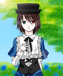 Rating: Safe Score: 0 Tags: 1girl blue_dress blurry blurry_background blurry_foreground brown_hair depth_of_field dress frills green_eyes hand_on_own_chest hat heterochromia image long_sleeves looking_at_viewer outdoors red_eyes ribbon short_hair solo souseiseki suiseiseki upper_body User: admin