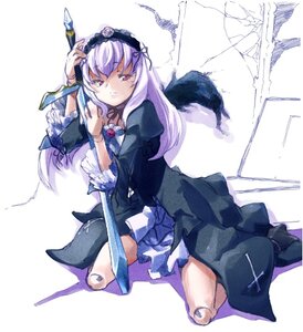 Rating: Safe Score: 0 Tags: 1girl dress flower frills full_body hairband image lolita_hairband long_hair long_sleeves looking_at_viewer pink_eyes rose sitting solo suigintou sword weapon wings User: admin