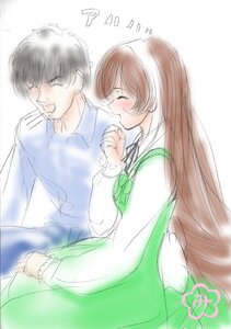 Rating: Safe Score: 0 Tags: 1boy 1girl black_hair blush brown_hair closed_eyes dress image long_hair long_sleeves ribbon sketch solo suiseiseki User: admin