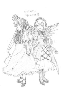 Rating: Safe Score: 0 Tags: 2girls blush dress greyscale holding_hands image long_hair long_sleeves looking_at_viewer monochrome multiple_girls pair shinku simple_background smile standing suigintou wings User: admin