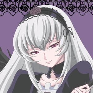 Rating: Safe Score: 0 Tags: 1girl dress flower frills hairband image long_hair purple_background purple_flower purple_rose rose silver_hair simple_background smile solo suigintou wings User: admin