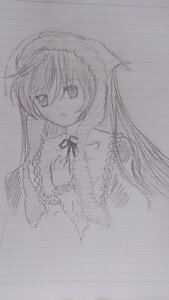 Rating: Safe Score: 0 Tags: 1girl auto_tagged capelet eyebrows_visible_through_hair frills greyscale image long_hair long_sleeves looking_at_viewer monochrome ribbon solo suiseiseki traditional_media upper_body User: admin