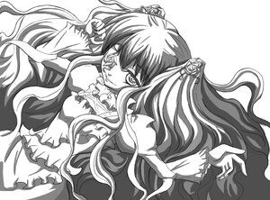 Rating: Safe Score: 0 Tags: 1girl dress flower greyscale image kirakishou lineart long_hair long_sleeves monochrome smile solo very_long_hair User: admin