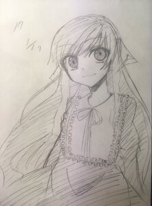 Rating: Safe Score: 0 Tags: 1girl dress image long_hair long_sleeves looking_at_viewer monochrome ribbon simple_background sketch smile solo suiseiseki very_long_hair User: admin