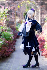 Rating: Safe Score: 0 Tags: 1girl black_footwear blurry blurry_background boots depth_of_field flower full_body hairband high_heels long_hair outdoors scarf solo standing suigintou User: admin