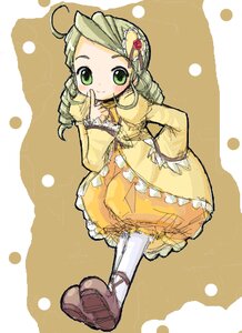 Rating: Safe Score: 0 Tags: 1girl ahoge blonde_hair blush dress drill_hair finger_to_mouth frills full_body green_eyes green_hair hair_ornament image index_finger_raised kanaria long_sleeves looking_at_viewer pantyhose smile solo standing twin_drills white_legwear yellow_dress User: admin