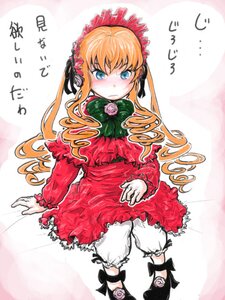 Rating: Safe Score: 0 Tags: 1girl black_footwear blonde_hair bloomers blue_eyes blush bonnet bow bowtie dress drill_hair flower frills full_body image long_hair long_sleeves red_dress rose shinku sitting solo twintails underwear User: admin