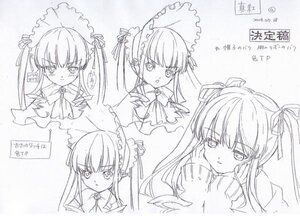 Rating: Safe Score: 0 Tags: 1girl blush bowtie character_sheet hair_ribbon image lineart long_hair looking_at_viewer monochrome multiple_views ribbon shinku sketch solo twintails User: admin