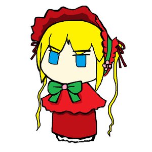 Rating: Safe Score: 0 Tags: 1girl blonde_hair blue_eyes bonnet bow bowtie capelet flower full_body green_neckwear image long_sleeves ribbon shinku simple_background solo white_background User: admin