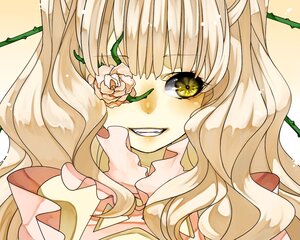 Rating: Safe Score: 0 Tags: 1girl bangs blonde_hair close-up eyebrows_visible_through_hair face flower grin image kirakishou leaf long_hair looking_at_viewer portrait rose smile solo white_flower yellow_eyes User: admin