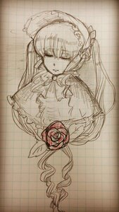 Rating: Safe Score: 0 Tags: 1girl bow capelet dress flower image long_hair long_sleeves monochrome rose shinku solo tiles traditional_media twintails very_long_hair User: admin