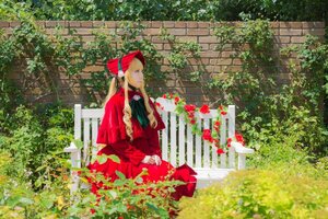Rating: Safe Score: 0 Tags: 1girl blonde_hair brick_wall dress flower ivy long_hair long_sleeves outdoors plant red_dress shinku sitting solo User: admin