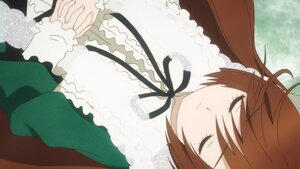 Rating: Safe Score: 0 Tags: 1girl blush brown_hair closed_eyes dress frills image long_sleeves ribbon solo suiseiseki User: admin