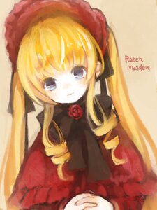 Rating: Safe Score: 0 Tags: 1girl blonde_hair blue_eyes bonnet bow bowtie dated dress drill_hair image long_hair long_sleeves looking_at_viewer red_capelet red_dress rose shinku simple_background solo twintails User: admin