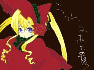 Rating: Safe Score: 0 Tags: 1girl black_background blonde_hair blue_eyes bonnet bow bowtie dress drill_hair expressionless flower green_bow image long_hair long_sleeves looking_at_viewer red_dress rose shinku simple_background solo twintails User: admin