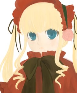 Rating: Safe Score: 0 Tags: 1girl blonde_hair blue_eyes blush bonnet bow bowtie dress drill_hair flower green_bow image long_hair long_sleeves looking_at_viewer rose shinku sidelocks simple_background solo twin_drills twintails white_background User: admin