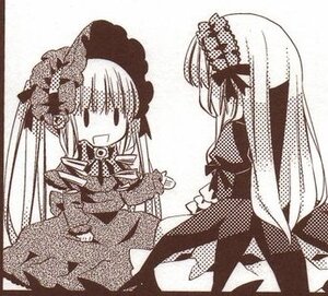 Rating: Safe Score: 0 Tags: 2girls bow dress halftone hat image long_hair long_sleeves monochrome multiple_girls pair polka_dot puffy_sleeves shinku suigintou very_long_hair white_background User: admin