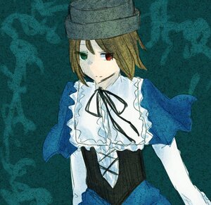 Rating: Safe Score: 0 Tags: 1girl blue_dress brown_hair closed_mouth dress frills hat heterochromia image looking_at_viewer red_eyes ribbon short_hair smile solo souseiseki upper_body User: admin