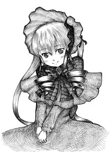 Rating: Safe Score: 0 Tags: 1girl blush bonnet dress drill_hair greyscale hat image long_hair long_sleeves looking_at_viewer monochrome shinku simple_background smile solo traditional_media twin_drills v_arms white_background User: admin