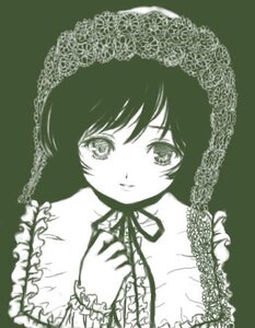 Rating: Safe Score: 0 Tags: 1girl bangs collarbone dress frills green_theme image long_hair long_sleeves looking_at_viewer monochrome ribbon simple_background solo suiseiseki upper_body User: admin