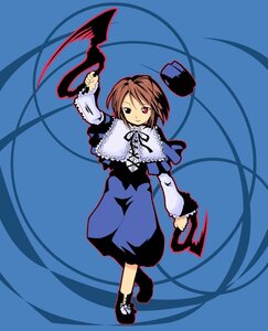 Rating: Safe Score: 0 Tags: 1girl blue_dress brown_hair dress frills full_body holding image long_sleeves looking_at_viewer red_eyes shoes short_hair simple_background solo souseiseki standing User: admin