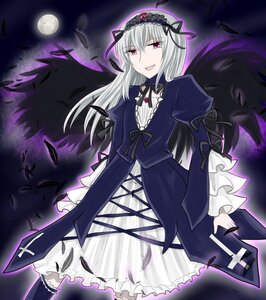 Rating: Safe Score: 0 Tags: 1girl black_wings dress feathers frills full_moon hairband image lolita_hairband long_hair long_sleeves looking_at_viewer moon night open_mouth pink_eyes silver_hair smile solo suigintou wings User: admin