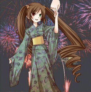 Rating: Safe Score: 0 Tags: 1girl brown_hair drill_hair fireworks hair_ornament heterochromia holding_hands image japanese_clothes kimono long_hair open_mouth red_eyes smile solo suiseiseki twintails User: admin