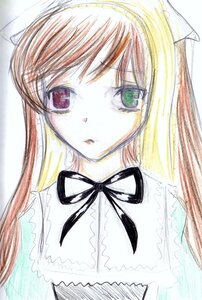 Rating: Safe Score: 0 Tags: 1girl :o black_ribbon green_eyes image long_hair looking_at_viewer ribbon simple_background solo suiseiseki traditional_media upper_body User: admin