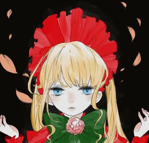 Rating: Safe Score: 0 Tags: 1girl bangs black_background blonde_hair blue_eyes bow dress flower green_bow image long_hair looking_at_viewer petals rose rose_petals shinku solo tears twintails User: admin