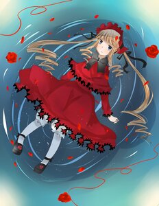Rating: Safe Score: 0 Tags: 1girl blonde_hair blue_eyes bonnet dress drill_hair flower image long_hair long_sleeves petals red_dress red_flower red_rose rose rose_petals shinku shoes solo twin_drills twintails water User: admin