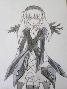 Rating: Safe Score: 0 Tags: 1girl black_wings detached_collar dress frills hairband image long_hair long_sleeves looking_at_viewer red_eyes simple_background solo standing suigintou traditional_media white_background wings User: admin