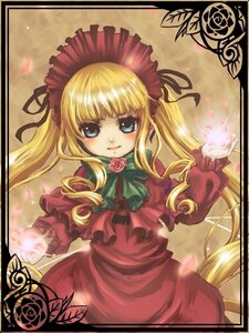 Rating: Safe Score: 0 Tags: 1girl blonde_hair blue_eyes bonnet bow bowtie dress flower green_bow image long_hair long_sleeves looking_at_viewer petals pink_flower pink_rose red_dress rose shinku sidelocks solo twintails User: admin