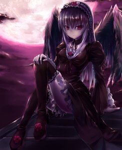 Rating: Safe Score: 0 Tags: 1girl black_wings dress feathers flower frills hairband image lolita_fashion lolita_hairband long_hair long_sleeves looking_at_viewer red_eyes red_flower red_rose rose silver_hair sitting solo suigintou thighhighs wings User: admin