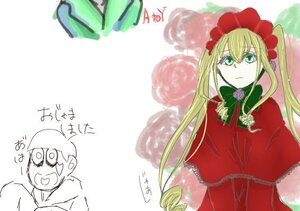 Rating: Safe Score: 0 Tags: 1boy 1girl blonde_hair blue_eyes bonnet bow bowtie capelet dress drill_hair flower image long_hair red_dress shinku solo twintails User: admin