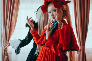 Rating: Safe Score: 0 Tags: 1girl bangs blonde_hair blue_eyes bow curtains dress flower lips long_hair long_sleeves multiple_cosplay realistic red_dress shinku solo tagme twintails very_long_hair window User: admin