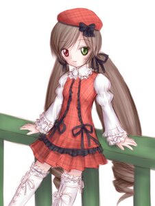 Rating: Safe Score: 0 Tags: 1girl blush boots bow brown_hair dress frills green_eyes hat heterochromia image long_hair long_sleeves looking_at_viewer red_eyes solo standing suiseiseki thighhighs twintails very_long_hair white_background white_legwear User: admin