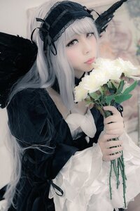 Rating: Safe Score: 0 Tags: 1girl bangs black_dress black_ribbon closed_mouth dress flower frills gothic_lolita hairband holding holding_flower juliet_sleeves lace lips lolita_fashion lolita_hairband long_hair long_sleeves ribbon solo suigintou upper_body wings User: admin