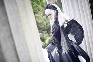 Rating: Safe Score: 0 Tags: 1girl black_dress black_wings blurry blurry_background curtains dress feathered_wings frills hairband juliet_sleeves long_hair long_sleeves profile silver_hair sitting solo suigintou wings User: admin