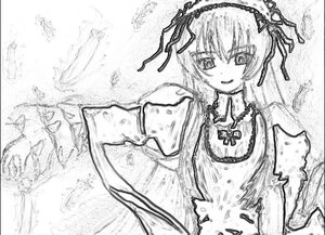 Rating: Safe Score: 0 Tags: 1girl dress frills greyscale hair_ribbon hairband image lolita_hairband looking_at_viewer monochrome ribbon smile solo suigintou traditional_media User: admin