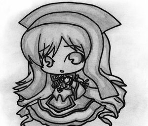 Rating: Safe Score: 0 Tags: 1girl blush chibi drill_hair greyscale hat image long_hair monochrome open_mouth solo suiseiseki traditional_media twin_drills very_long_hair white_background User: admin