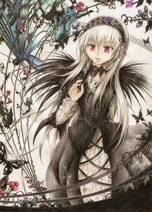 Rating: Safe Score: 0 Tags: 1girl black_dress bug butterfly dress flower frills hairband image insect long_hair long_sleeves looking_at_viewer pink_eyes red_eyes rose smile solo suigintou very_long_hair wings User: admin