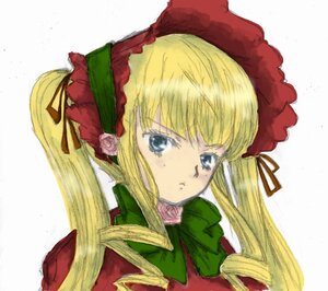 Rating: Safe Score: 0 Tags: 1girl bangs blonde_hair blue_eyes bonnet bow bowtie flower green_bow hat image long_hair long_sleeves looking_at_viewer pink_flower pink_rose rose shinku simple_background solo twintails white_background User: admin