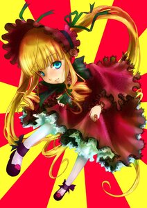 Rating: Safe Score: 0 Tags: 1girl blonde_hair blue_eyes bonnet bow bowtie dress flower frills full_body green_bow image long_hair long_sleeves looking_at_viewer red_dress shinku solo twintails very_long_hair white_legwear User: admin