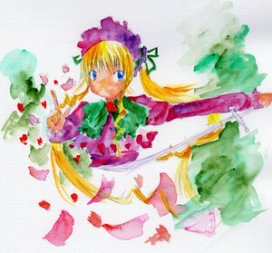 Rating: Safe Score: 0 Tags: 1girl blonde_hair blue_eyes bonnet bow bowtie dress flower green_bow green_dress green_neckwear image long_hair long_sleeves looking_at_viewer petals shinku solo traditional_media twintails upper_body very_long_hair watercolor_(medium) User: admin