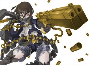 Rating: Safe Score: 0 Tags: 1girl belt black_hair chain green_eyes gun heterochromia image red_eyes shell_casing shorts solo souseiseki torn_clothes weapon User: admin
