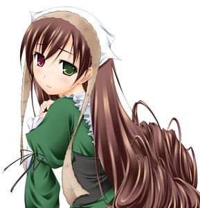 Rating: Safe Score: 0 Tags: 1girl brown_hair dress frills green_dress green_eyes head_scarf heterochromia image long_hair long_sleeves looking_at_viewer looking_back red_eyes ribucci rozen_maiden simple_background solo suiseiseki very_long_hair white_background User: admin