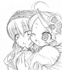 Rating: Questionable Score: 0 Tags: 2girls ahoge auto_tagged blush breast_grab breasts grabbing greyscale hat image kanaria long_sleeves mini_hat monochrome multiple_girls one_eye_closed open_mouth pair suigintou upper_body yuri User: admin