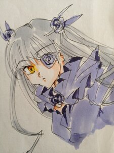 Rating: Safe Score: 0 Tags: 1girl barasuishou blue_flower blue_rose choker dress expressionless flower hair_flower hair_ornament image long_hair ribbon rose simple_background solo traditional_media upper_body yellow_eyes User: admin