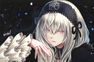 Rating: Safe Score: 0 Tags: 1girl bangs black_background black_dress black_ribbon closed_mouth dress eyebrows_visible_through_hair frilled_sleeves hair_between_eyes hairband image long_hair long_sleeves looking_at_viewer red_eyes ribbon signature silver_hair solo suigintou traditional_media User: admin